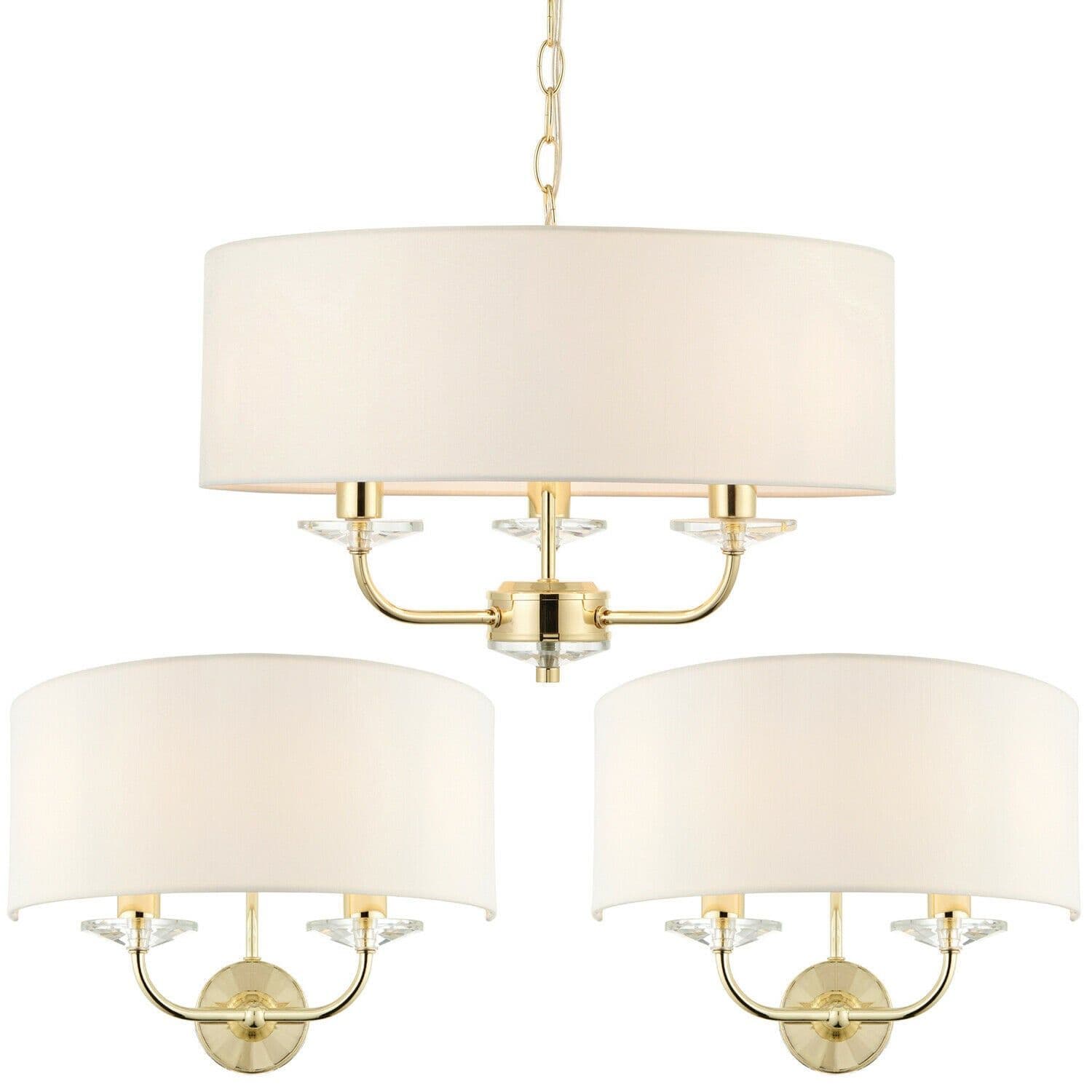 3 Bulb Ceiling Pendant Lamp & 2x Matching Twin Wall Light Modern Brass Plate