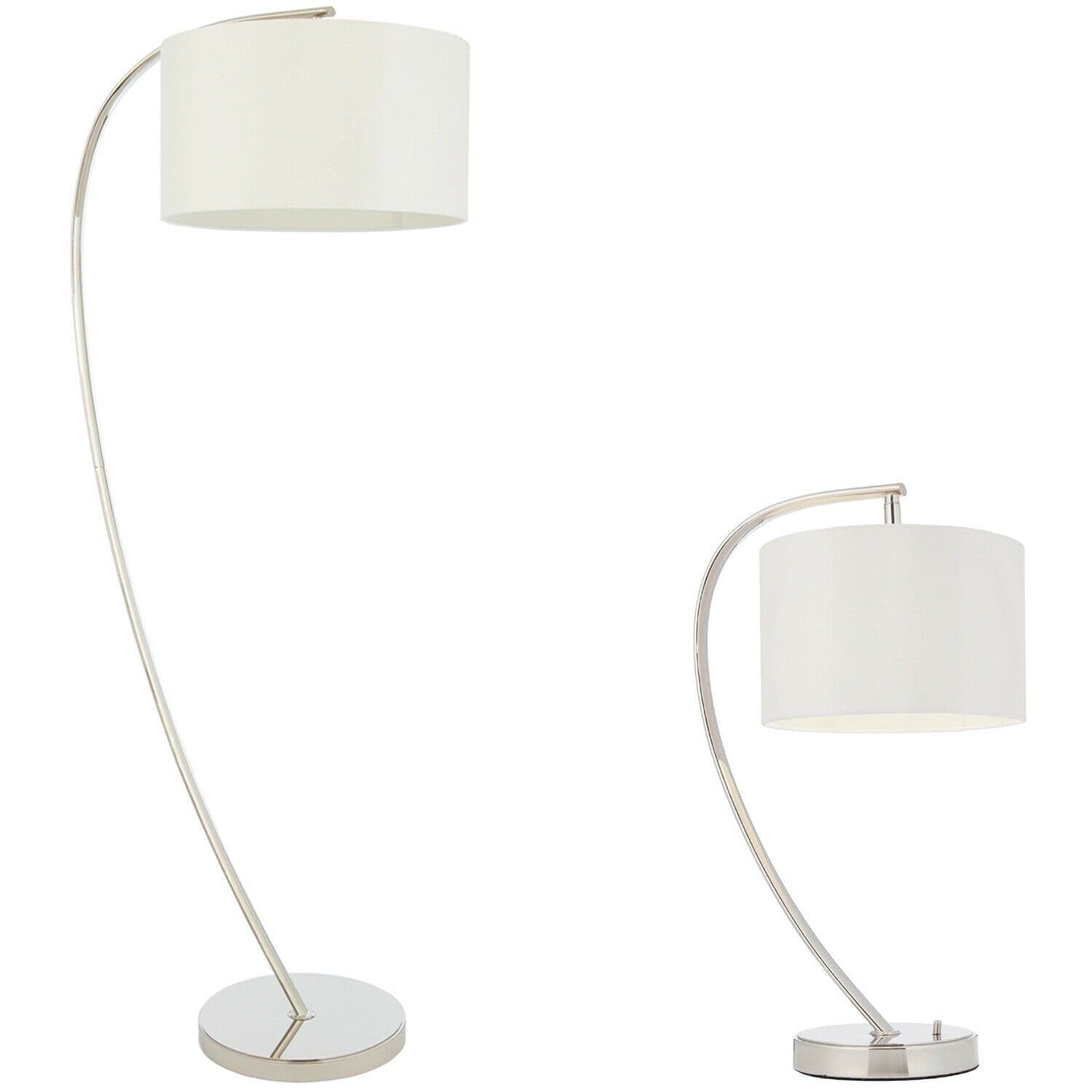 Standing Floor & Table Lamp Set Bright Nickel & Shade Curved Stem Light