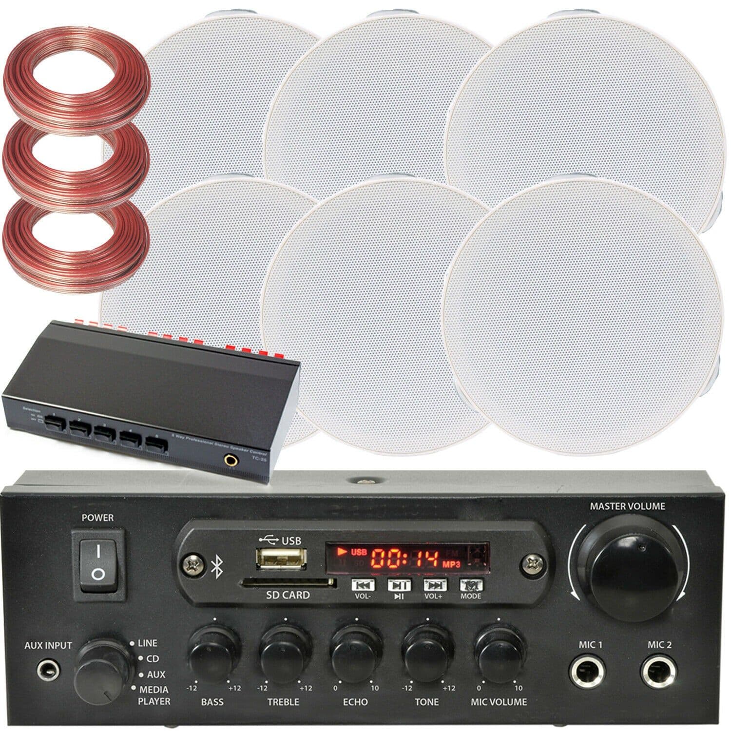 Bluetooth Ceiling Music Kit 3 Zone Stereo Amplifier & 6x Mini Flush Speakers