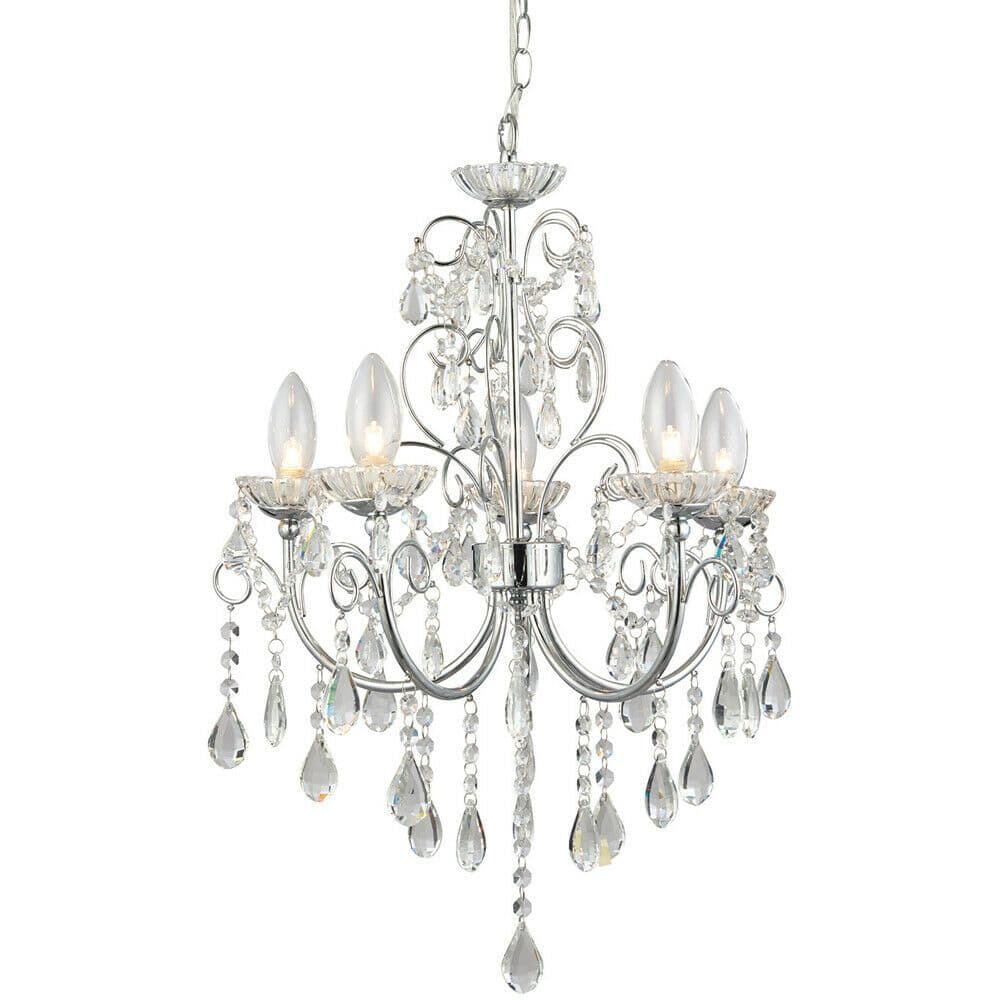 Bathroom Ceiling Pendant Light Chrome & Crystal IP44 5 Bulb Hanging Lamp