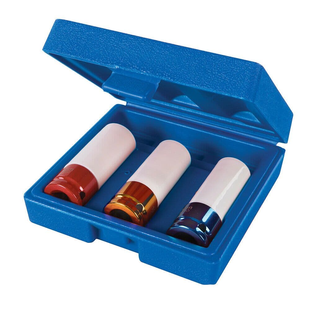 3 Piece Impact Alloy Wheel Nut Socket Set 17mm 19mm 21mm Colour Coded Driver