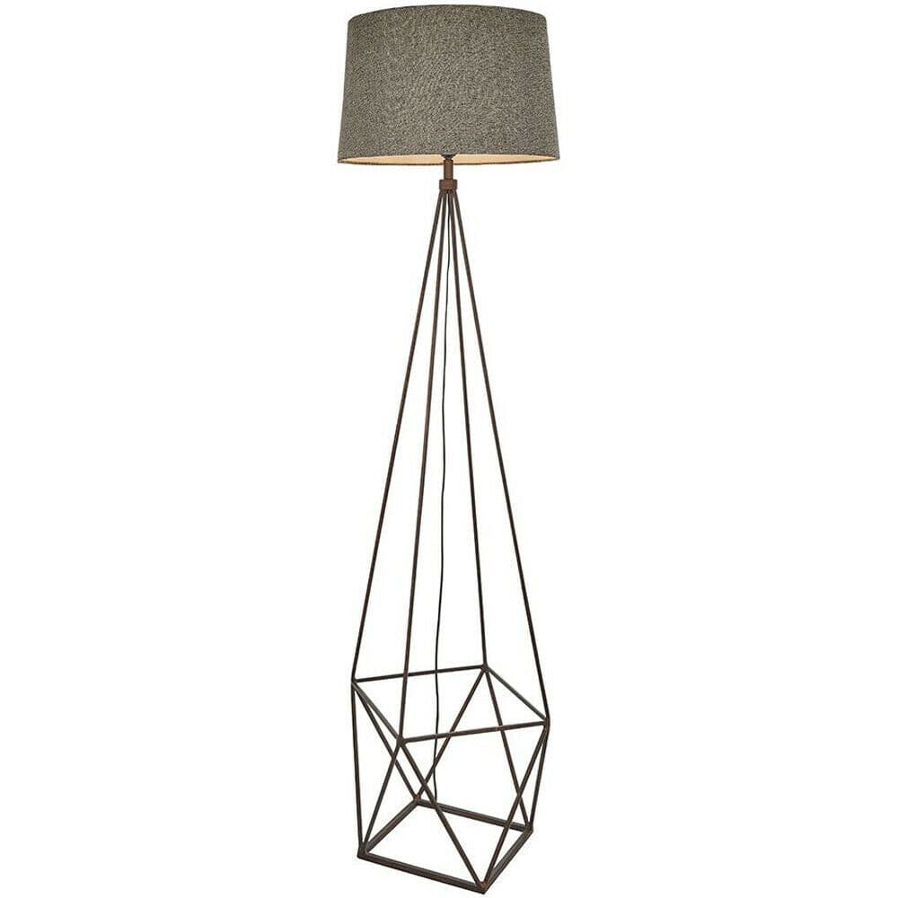 Geometric Cage Floor Lamp Aged Copper & Grey Fabric Shade 1750mm Tall Standing