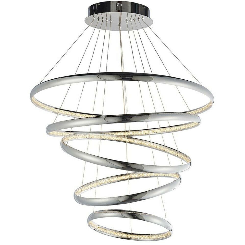 LED Ceiling Pendant Light 97W Warm Chrome & Crystal 5 Ring Hoop Strip Lamp