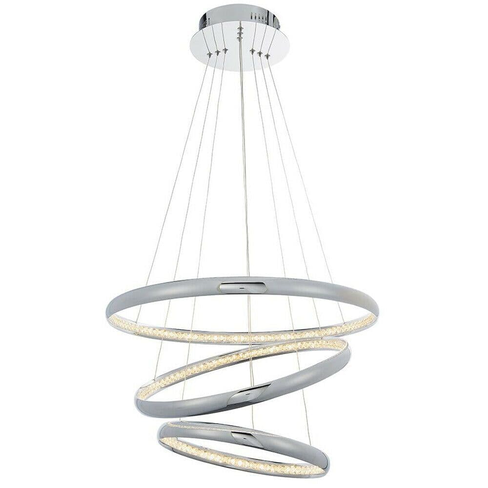 LED Ceiling Pendant Light 47W Warm Chrome & Crystal 3 Ring Hoop Strip Lamp