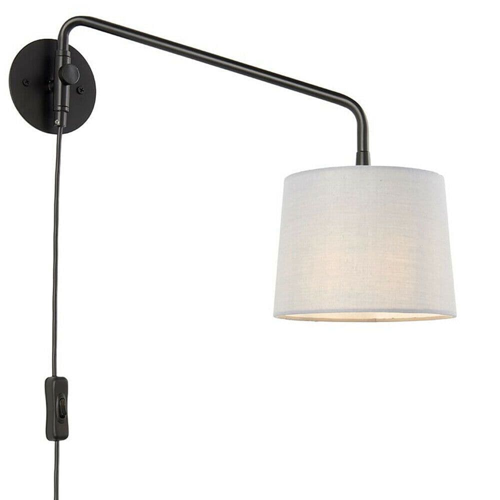 Adjustable Swing Arm Wall Light Matt & Grey Fabric Shade Mains Plug