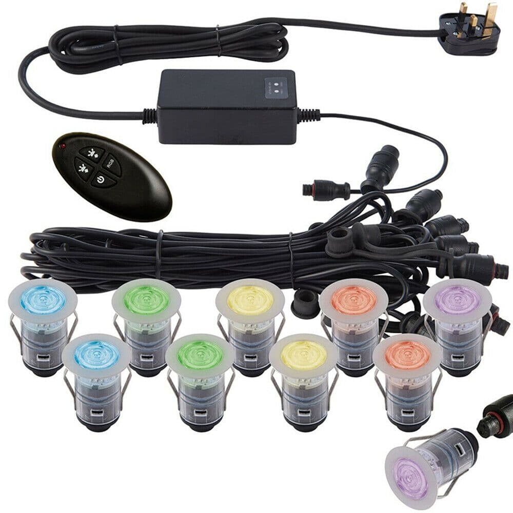 IP67 Decking Plinth Light Kit 10x 45mm RGB Changing Lamps Outdoor Rated