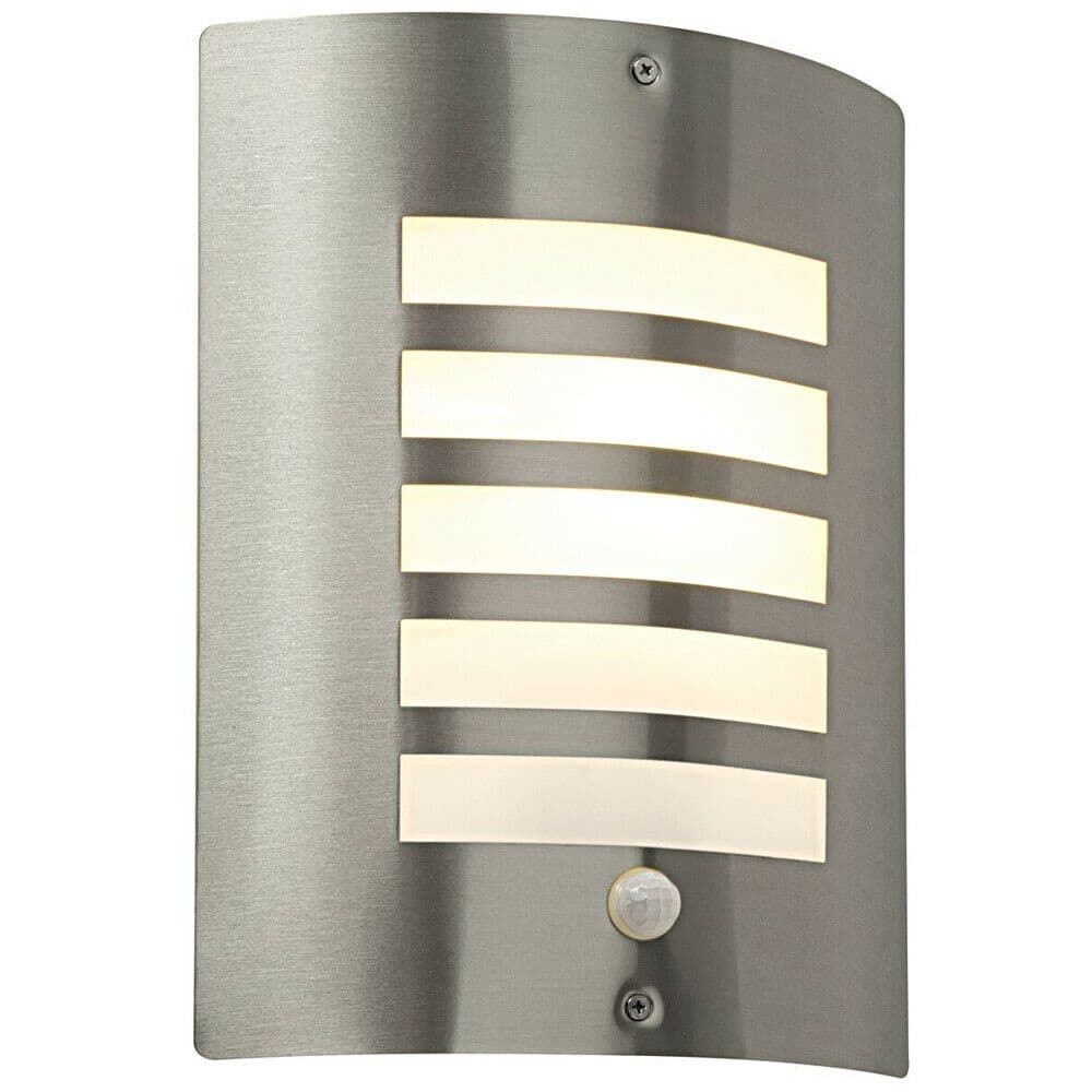 IP44 Outdoor Wall Light PIR Motion Sensor Brushed Steel & Diffuser E27 Edison