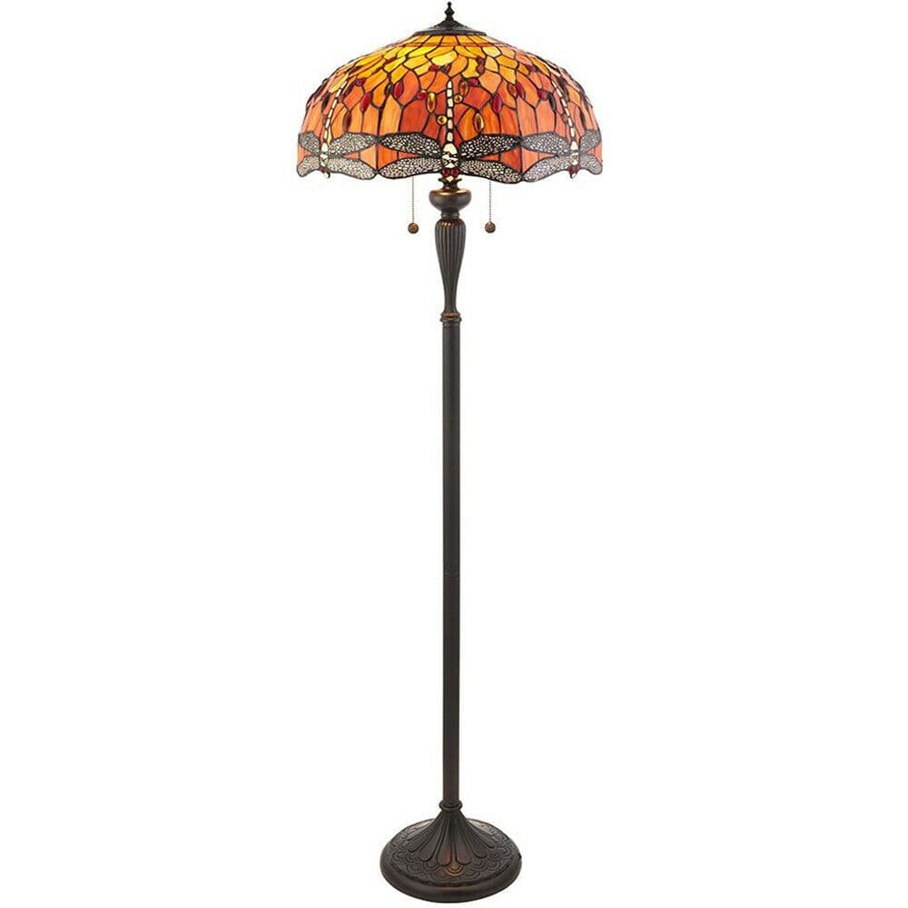 1.5m Tiffany Twin Floor Lamp Dark & Dragonfly Stained Glass Shade i00014