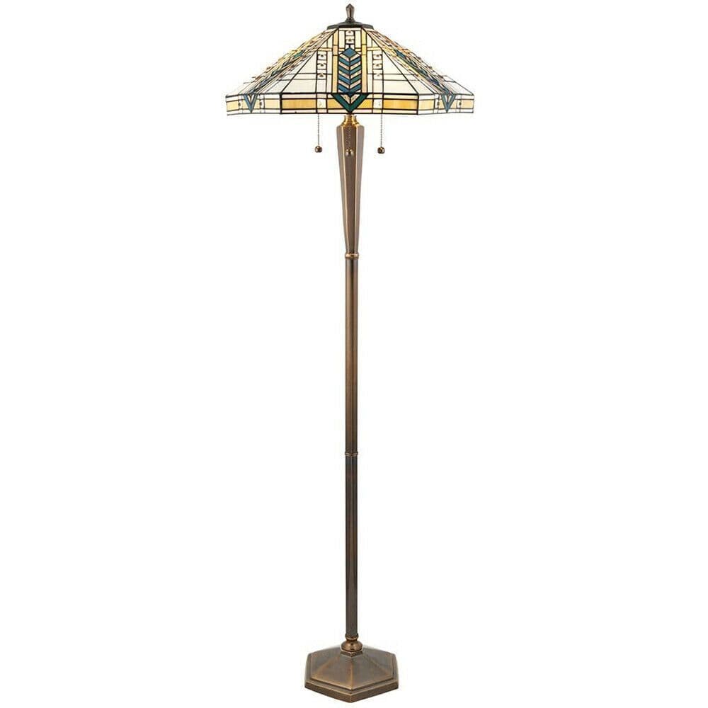 1.6m Tiffany Light Floor Lamp Antique Brass & Stained Glass Shade i00021