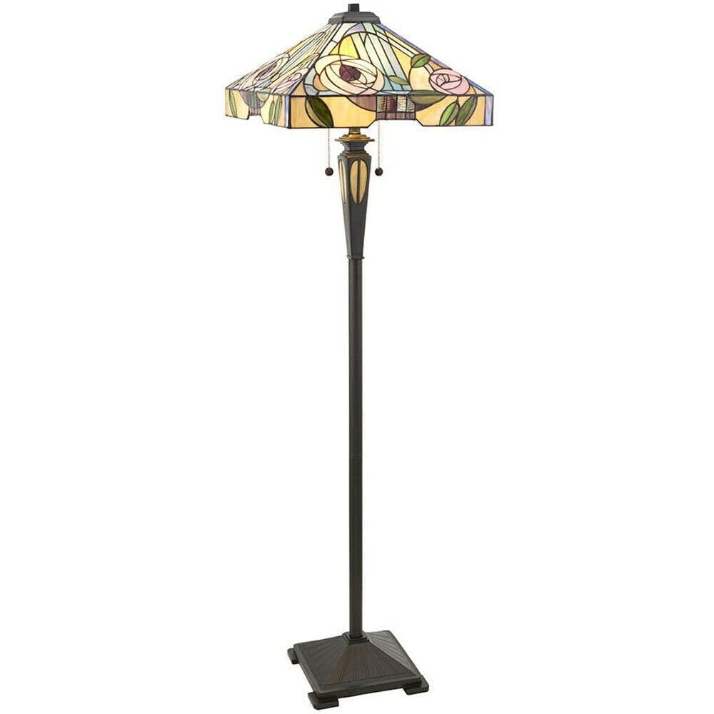 1.5m Tiffany Twin Floor Lamp Dark & Stained Glass Roses Shade i00029