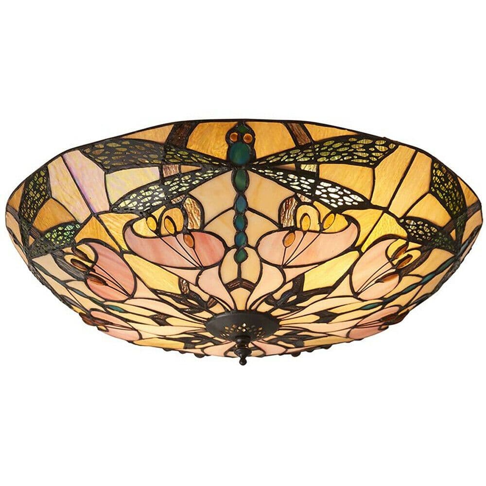 Tiffany Glass Semi Flush Ceiling Light Dragonfly Round Inverted Shade i00032