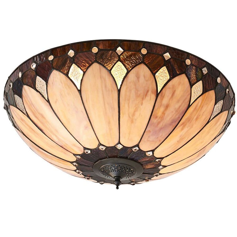 Tiffany Glass Semi Flush Ceiling Light Bronze Round Inverted Shade i00036