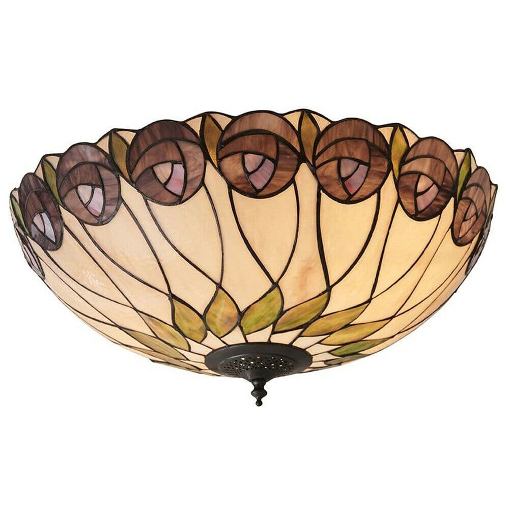 Tiffany Glass Semi Flush Ceiling Light Rose & Inverted Round Shade i00048