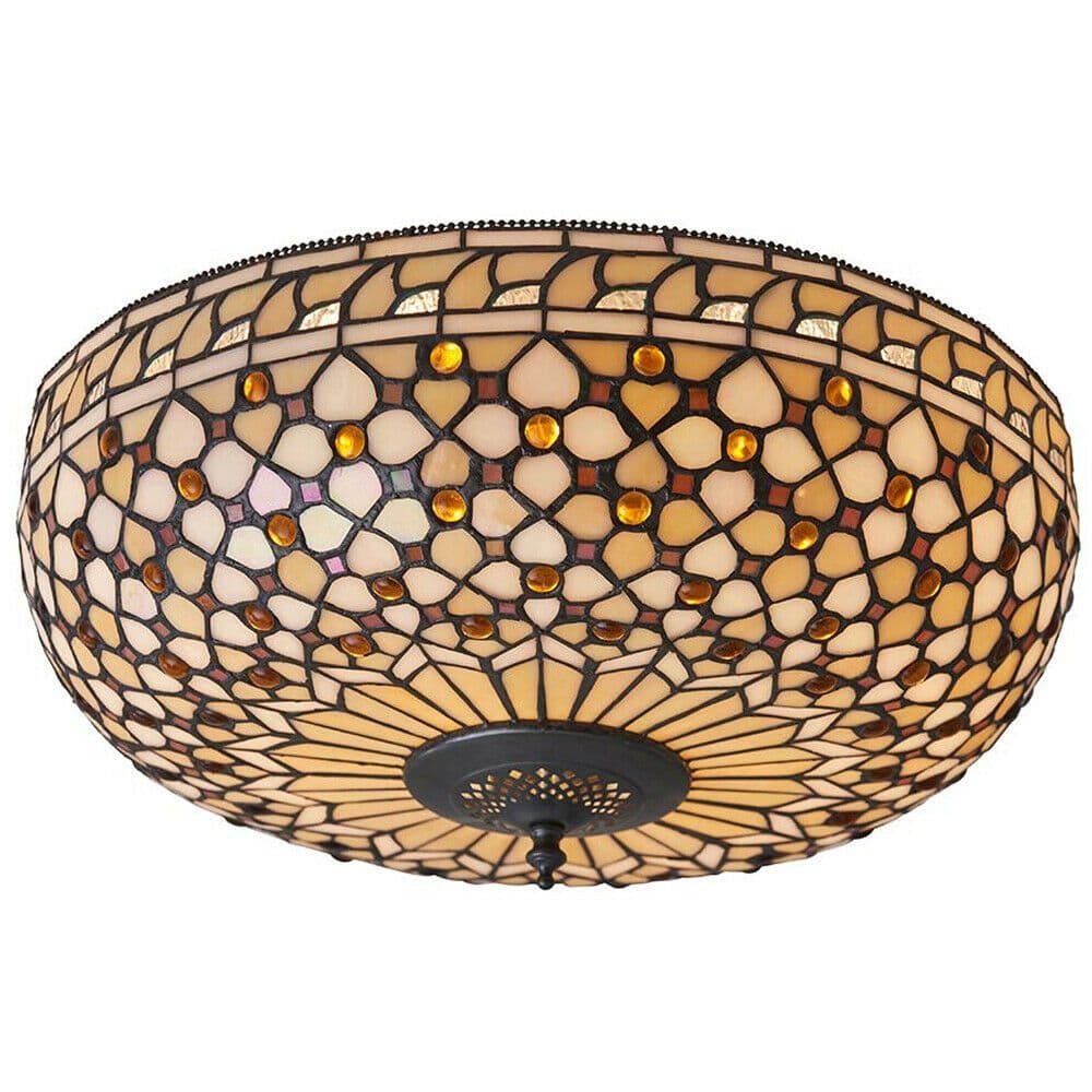 Tiffany Glass Semi Flush Ceiling Light Bronze Round Inverted Shade i00156