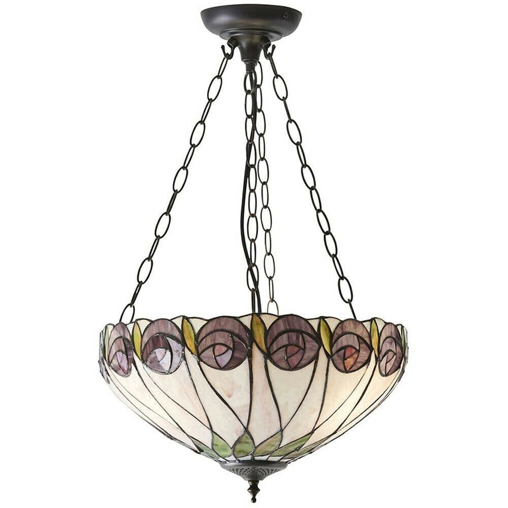 Tiffany Glass 3 Light Pendant Mackintosh Style Dark Bronze Finish