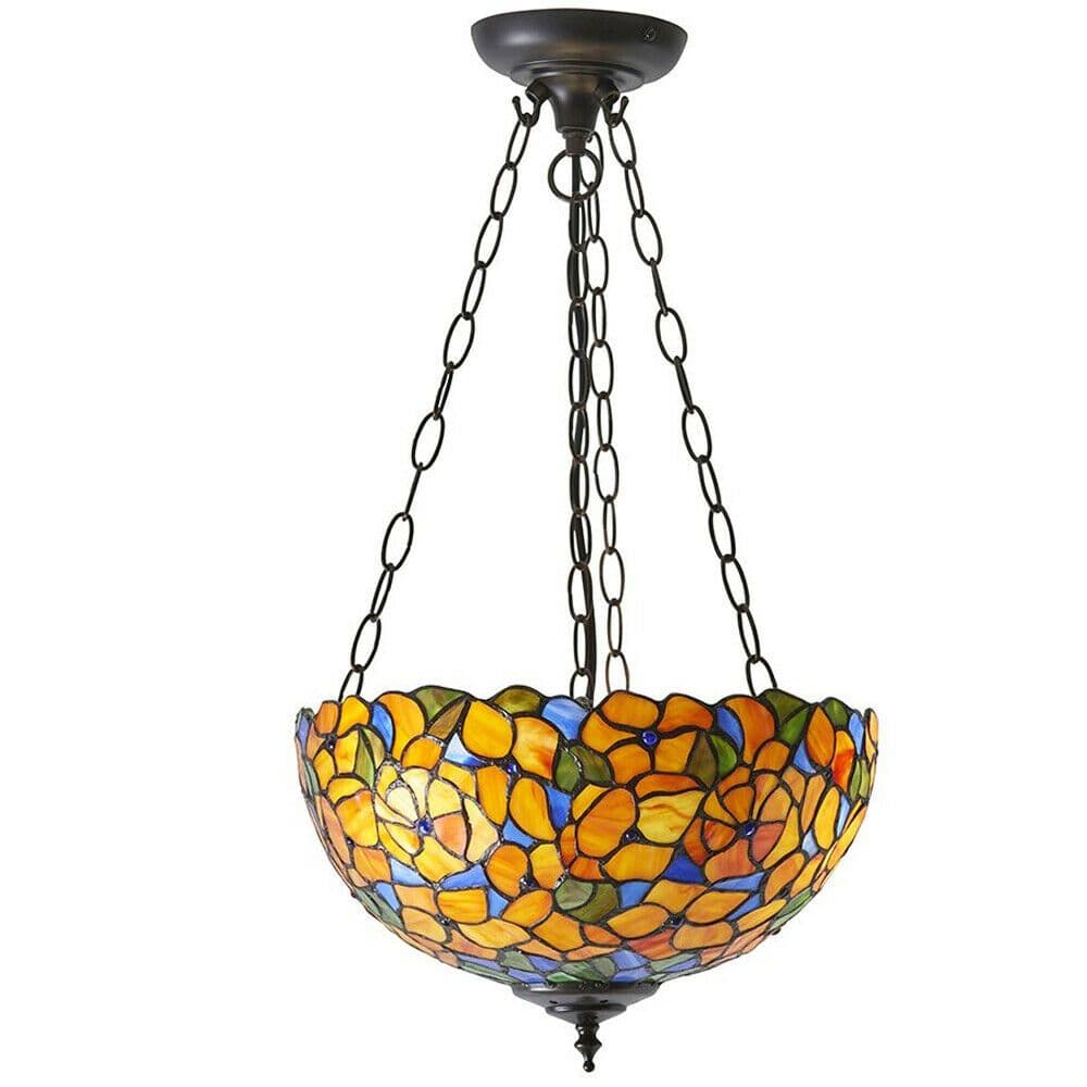 Medium Floral Pendant Light Tiffany Glass & Dark Finish Dimmable LED