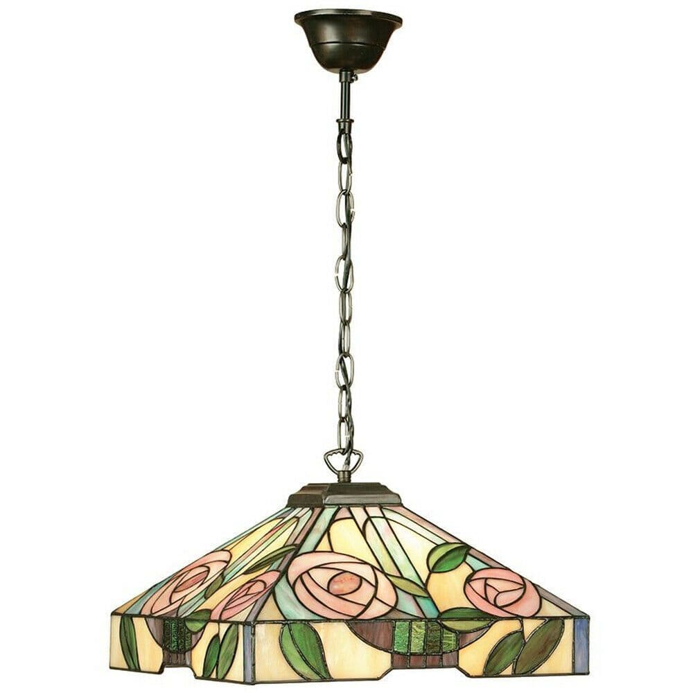 Tiffany Glass Hanging Ceiling Pendant Light Bronze & Square Rose Shade i00156