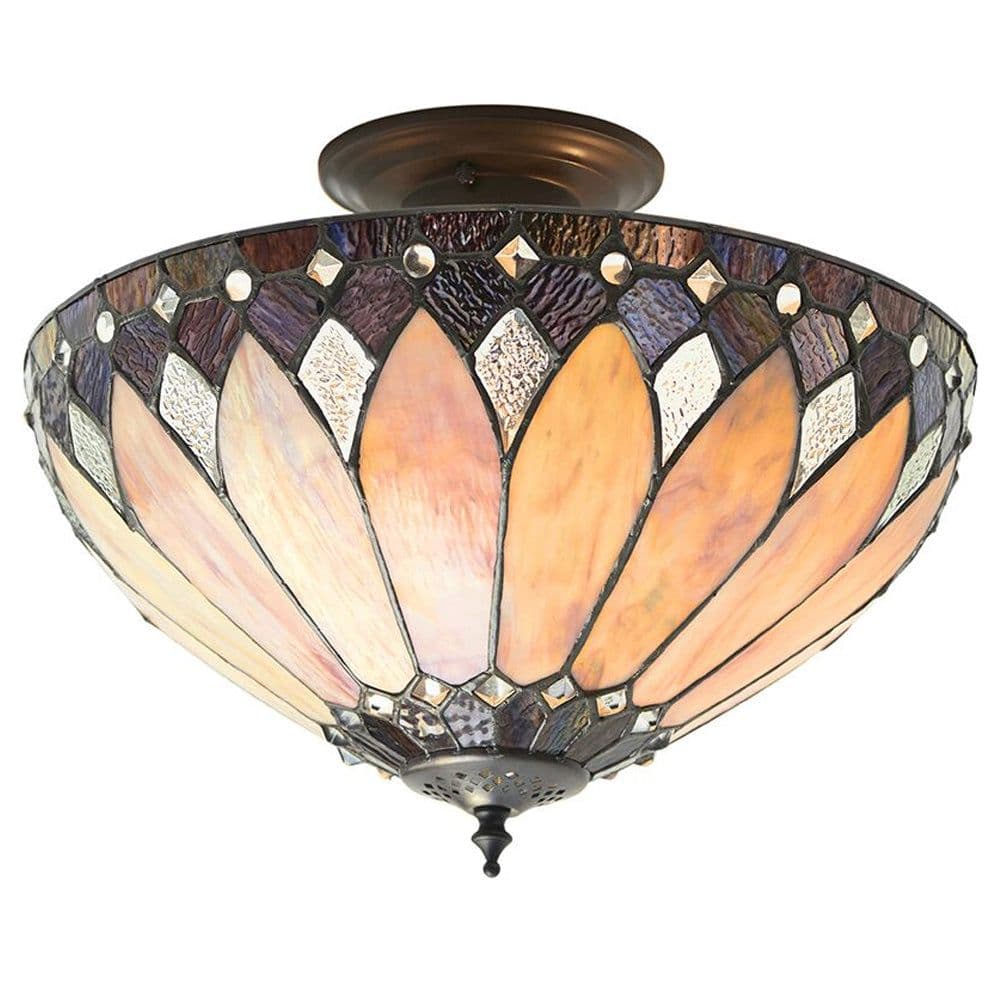 Tiffany Glass Semi Flush Ceiling Light Bronze Round Inverted Shade i00158
