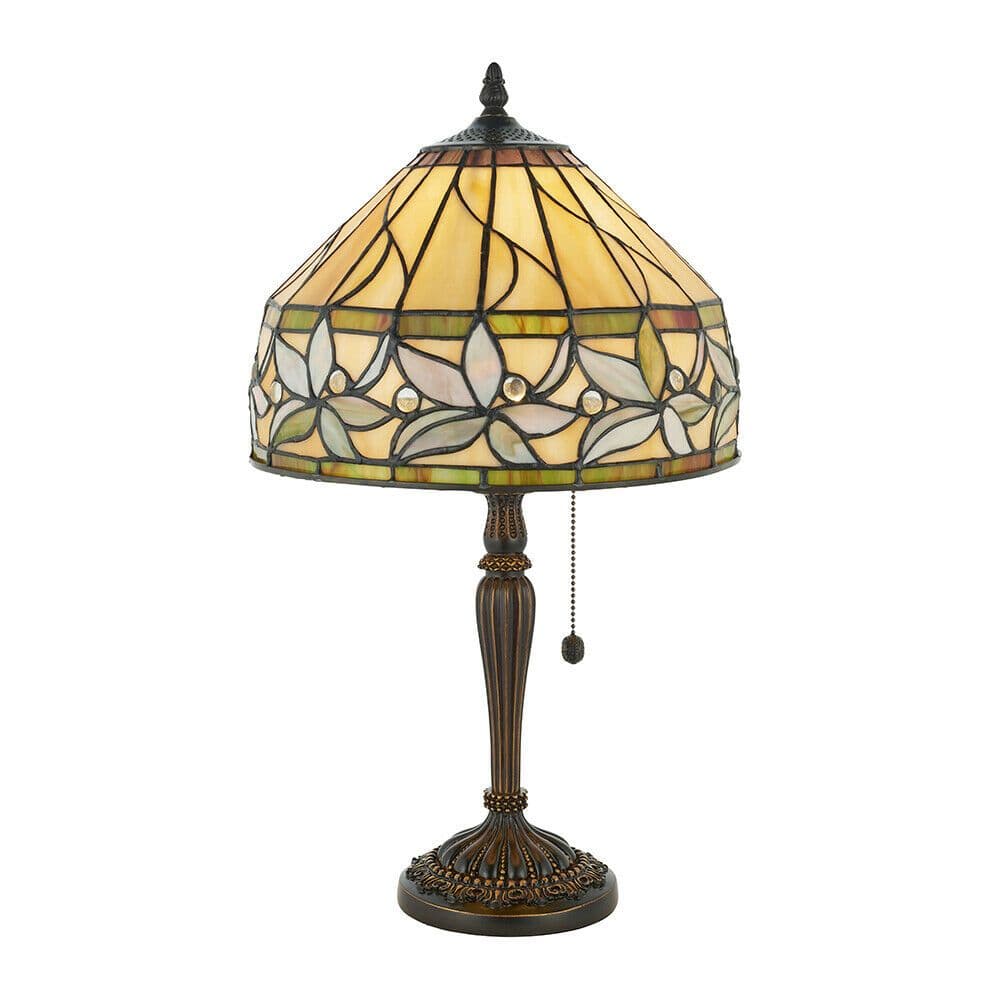 Small Tiffany Glass LED Table Lamp Floral Border Design Dark Finish