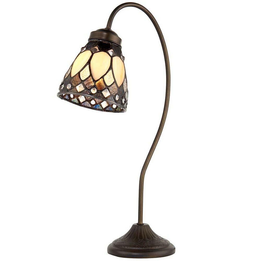 Tiffany Glass Table Lamp Light Dark Curved Arm Neck & Shade i00180