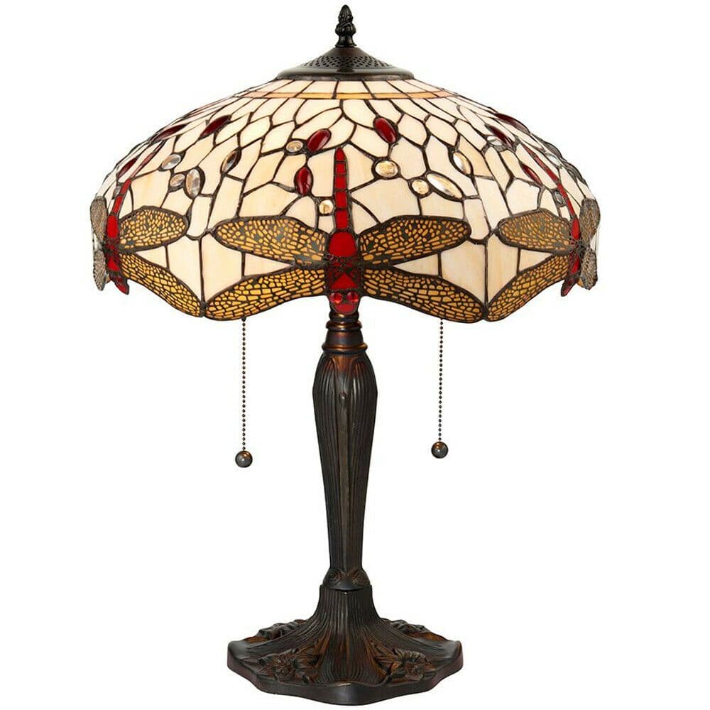Tiffany Glass Table Lamp Light Dark Bronze & Cream Dragonfly Shade i00188