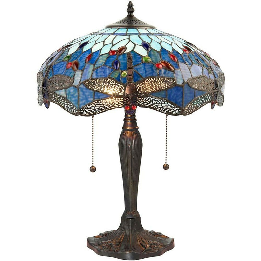 Tiffany Glass Table Lamp Light Dark Bronze Base & Dragonfly Shade i00192