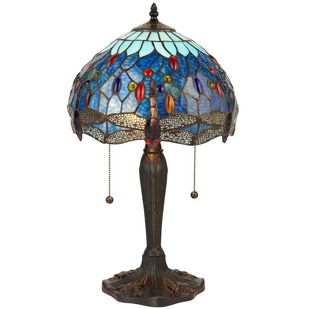 Tiffany Glass Table Lamp Light Dark Bronze Base & Dragonfly Shade i00193