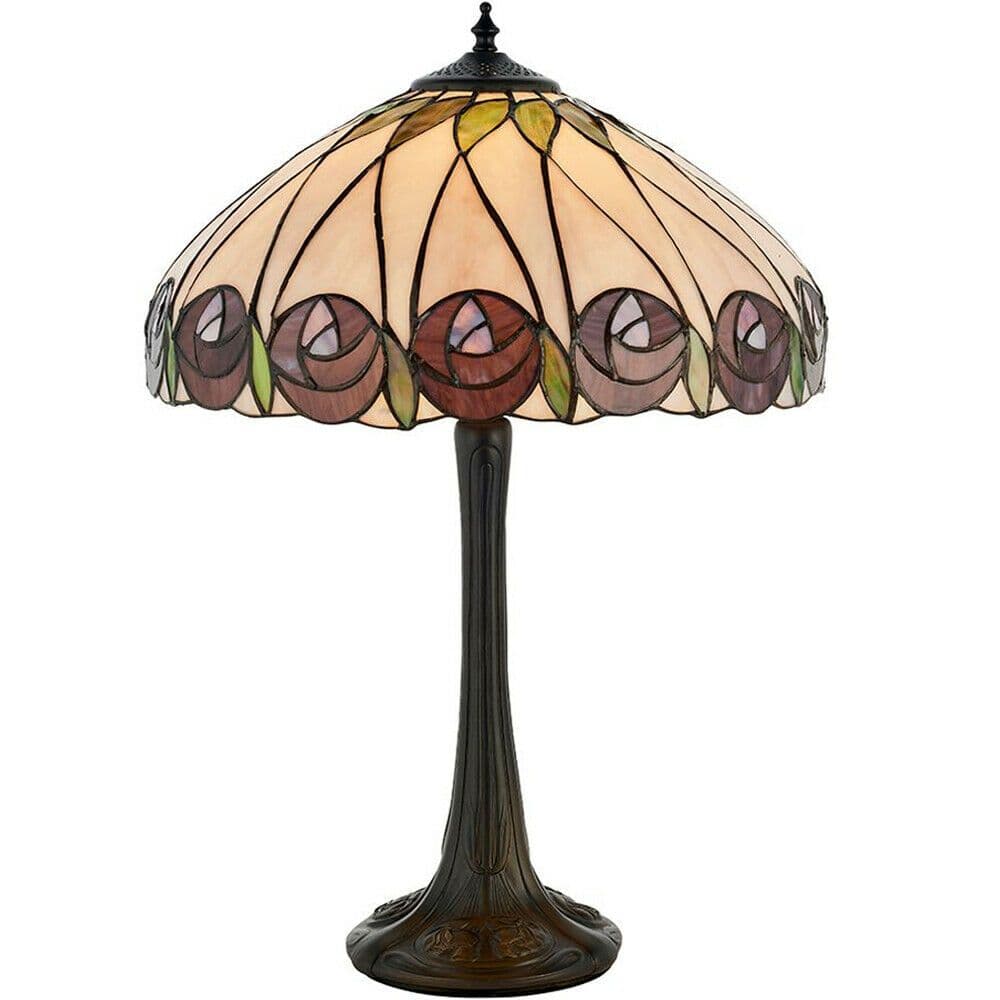 Tiffany Glass Table Lamp Light Dark Bronze & Mackintosh Rose Shade i00205