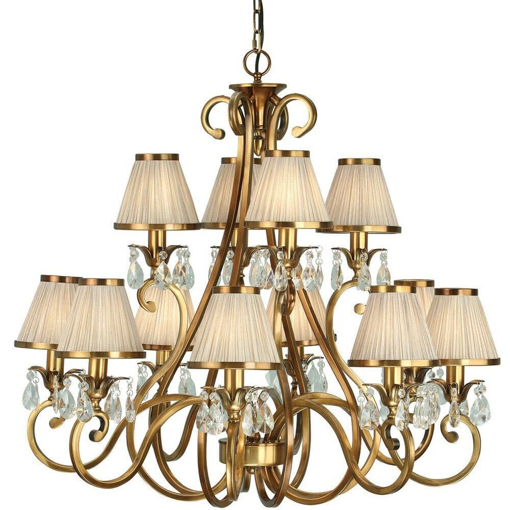 Esher Ceiling Pendant Chandelier Brass Crystal & Shades 12 Lamp Light