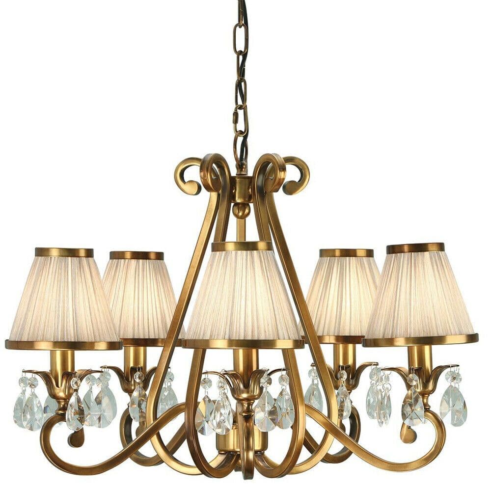 Esher Ceiling Pendant Chandelier Brass Crystal & Shades 5 Lamp Light
