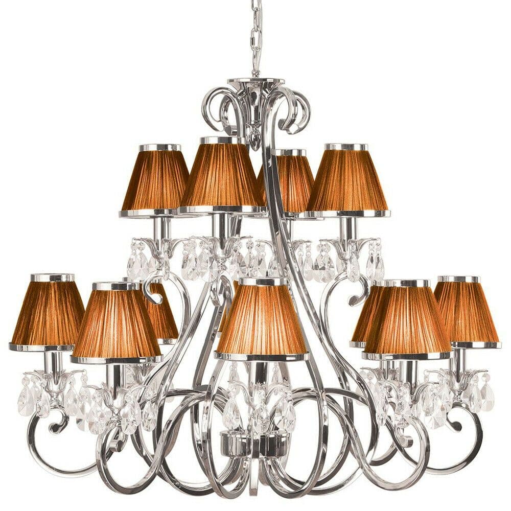 Esher Ceiling Pendant Chandelier Nickel Crystal & Brown Shades 12 Lamp Light