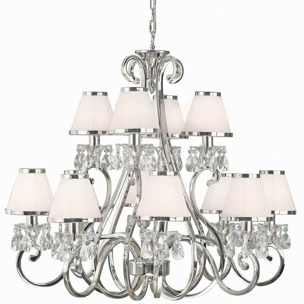 Esher Ceiling Pendant Chandelier Nickel Crystal & White Shades 12 Lamp Light