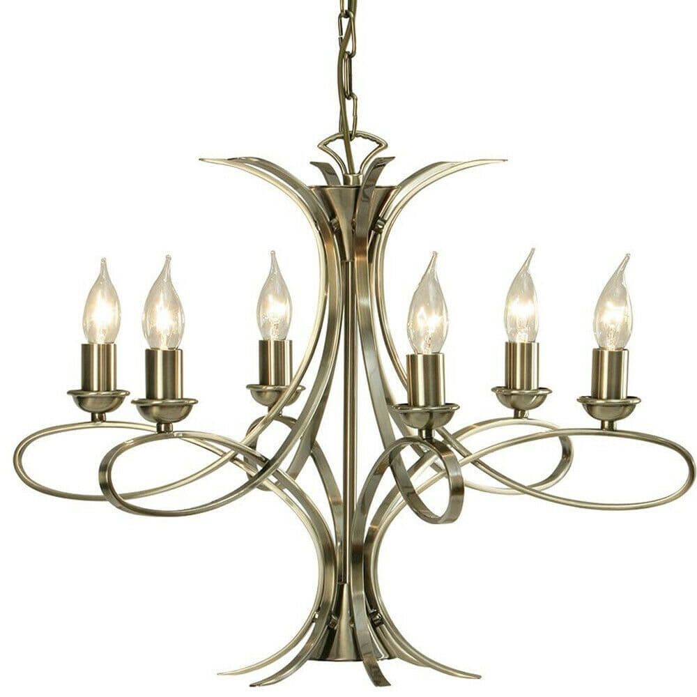 Eaves Hanging Ceiling Pendant Chandelier 6 Lamp Brushed Brass Curved Arm Light