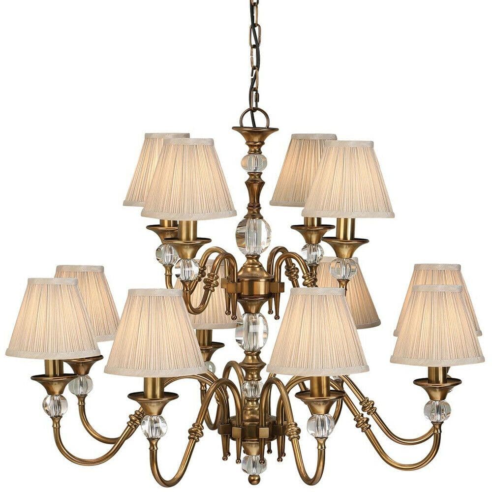Diana Ceiling Pendant Chandelier Antique Brass & Pleat Shade 12 Lamp Light