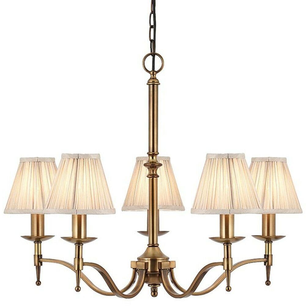 Avery Ceiling Pendant Chandelier Light 5 Lamp Antique Brass & Pleat Shade