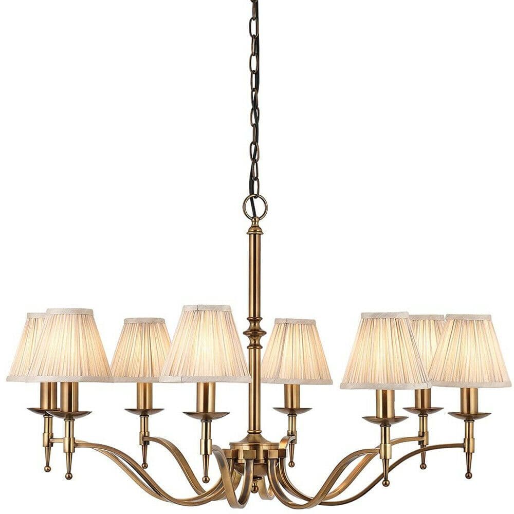 Avery Ceiling Pendant Chandelier Light 8 Lamp Antique Brass & Pleat Shade