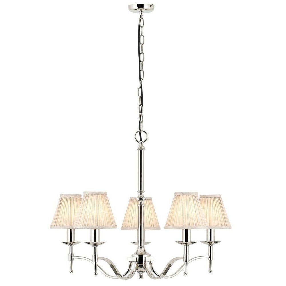 Avery Ceiling Pendant Chandelier Light 5 Lamp Bright Nickel & Beige Pleat Shade