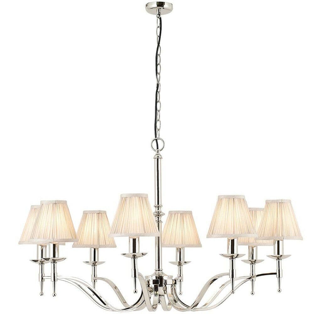 Avery Ceiling Pendant Chandelier Light 8 Lamp Bright Nickel & Pleat Shade