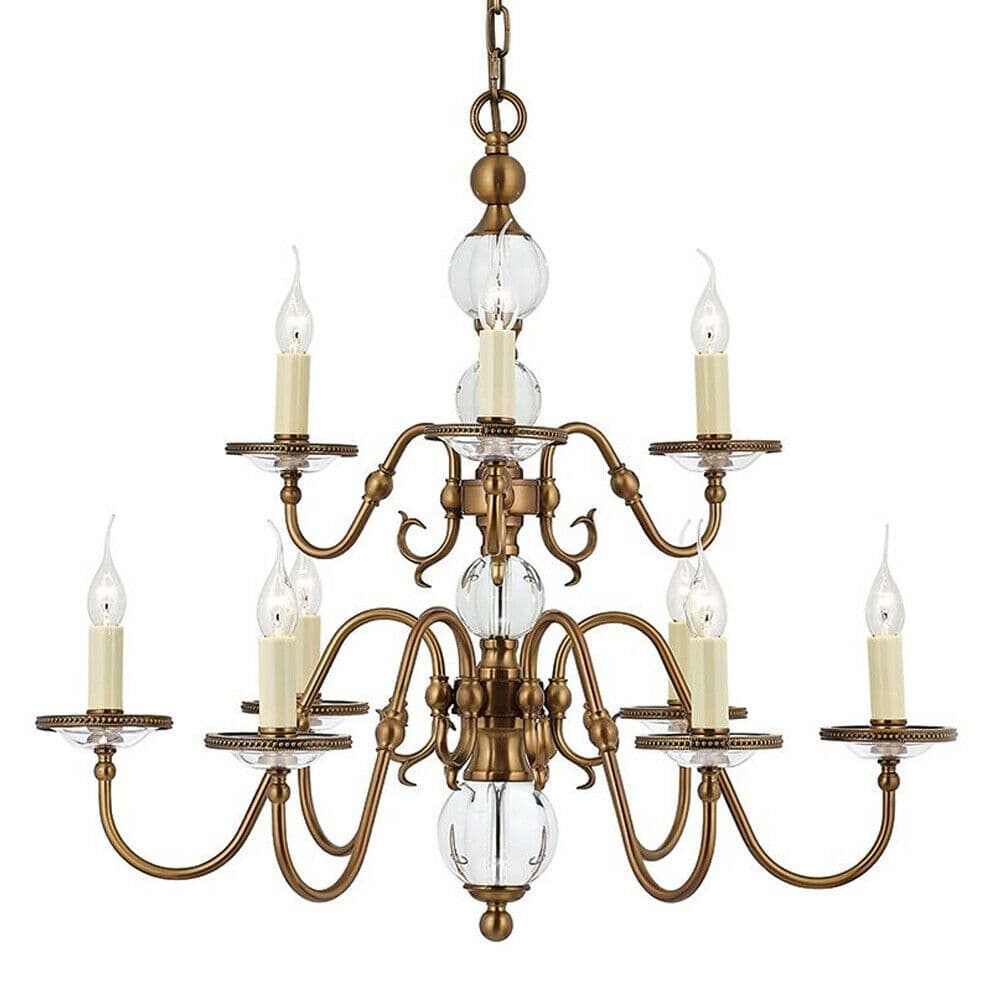 Flemish Ceiling Pendant Chandelier Antique Brass & Crystal Curved 9 Lamp Light