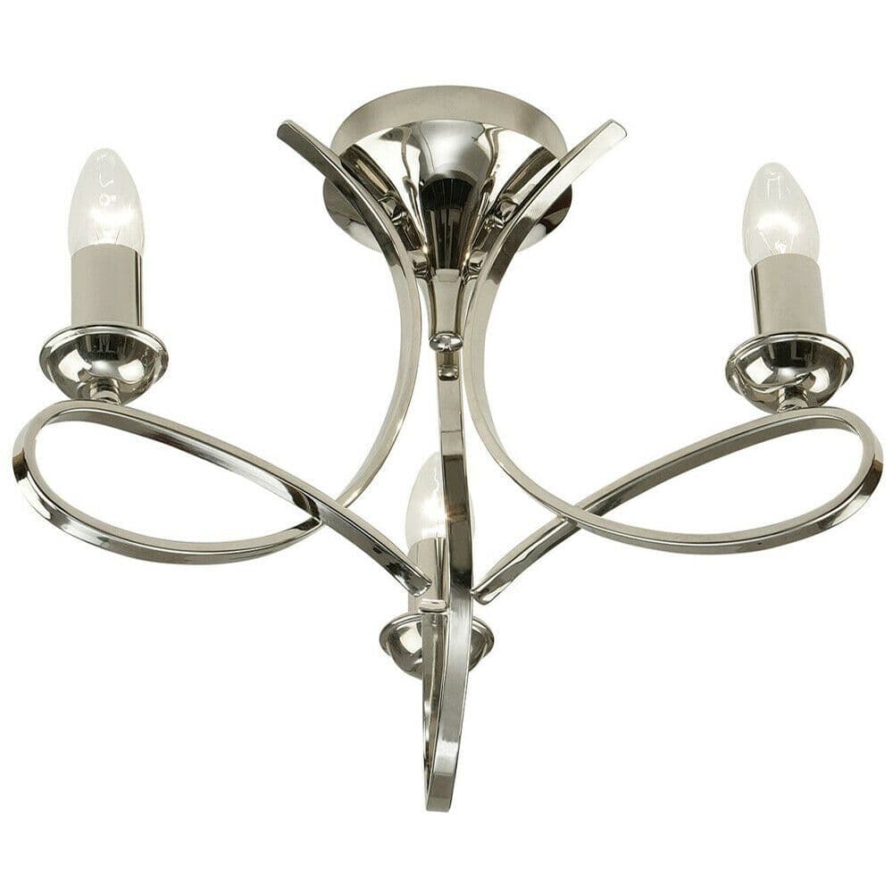 Eaves Semi Flush Ceiling Chandelier 3 Lamp Bright Nickel Curved Multi Arm Light