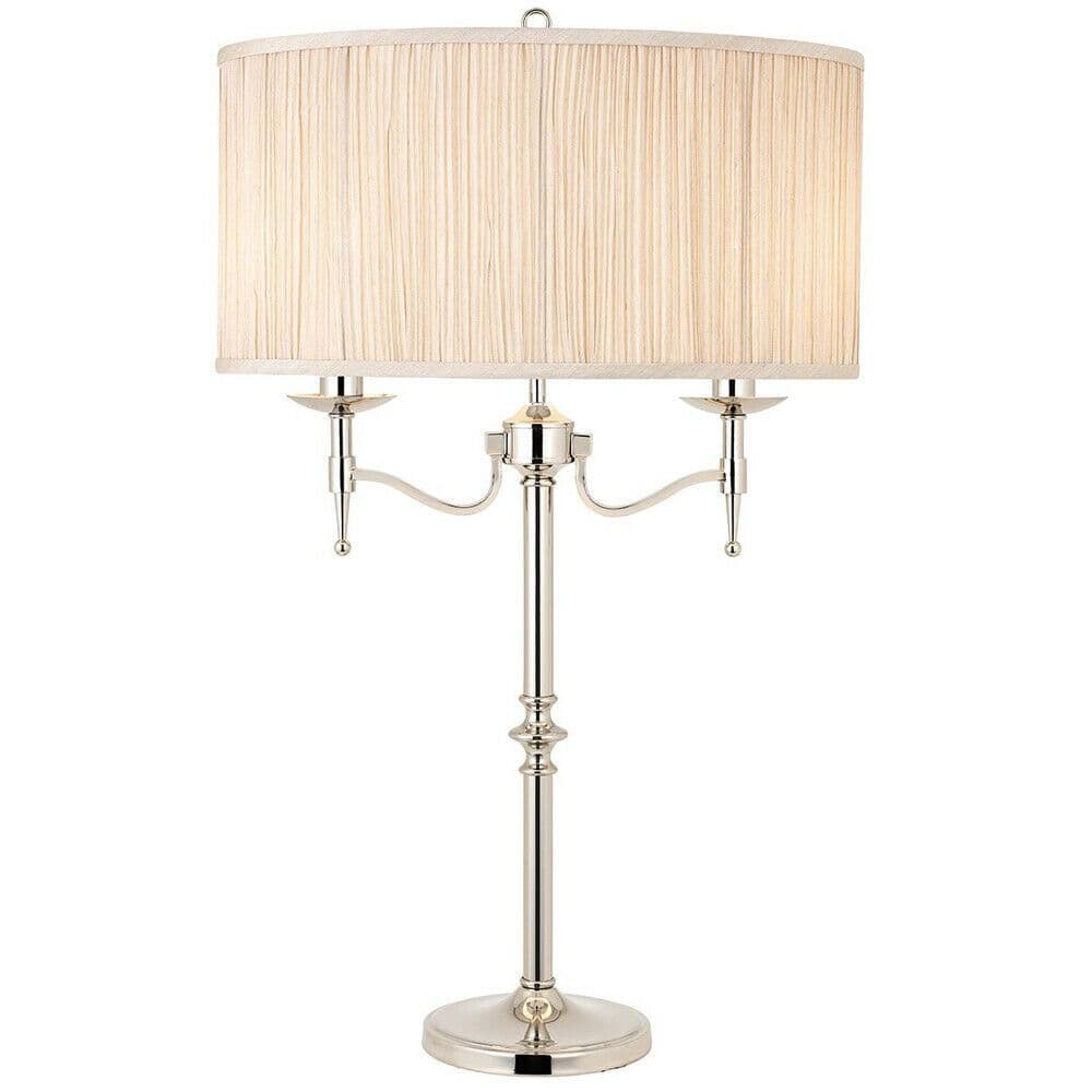 Avery Luxury Twin Table Lamp Bright Nickel & Beige Shade Traditional Bulb Holder