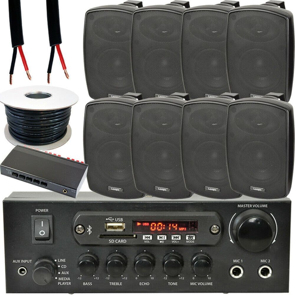 4 Zone Outdoor Bluetooth Kit 8x 60W Speaker Stereo Amplifier Garden BBQ