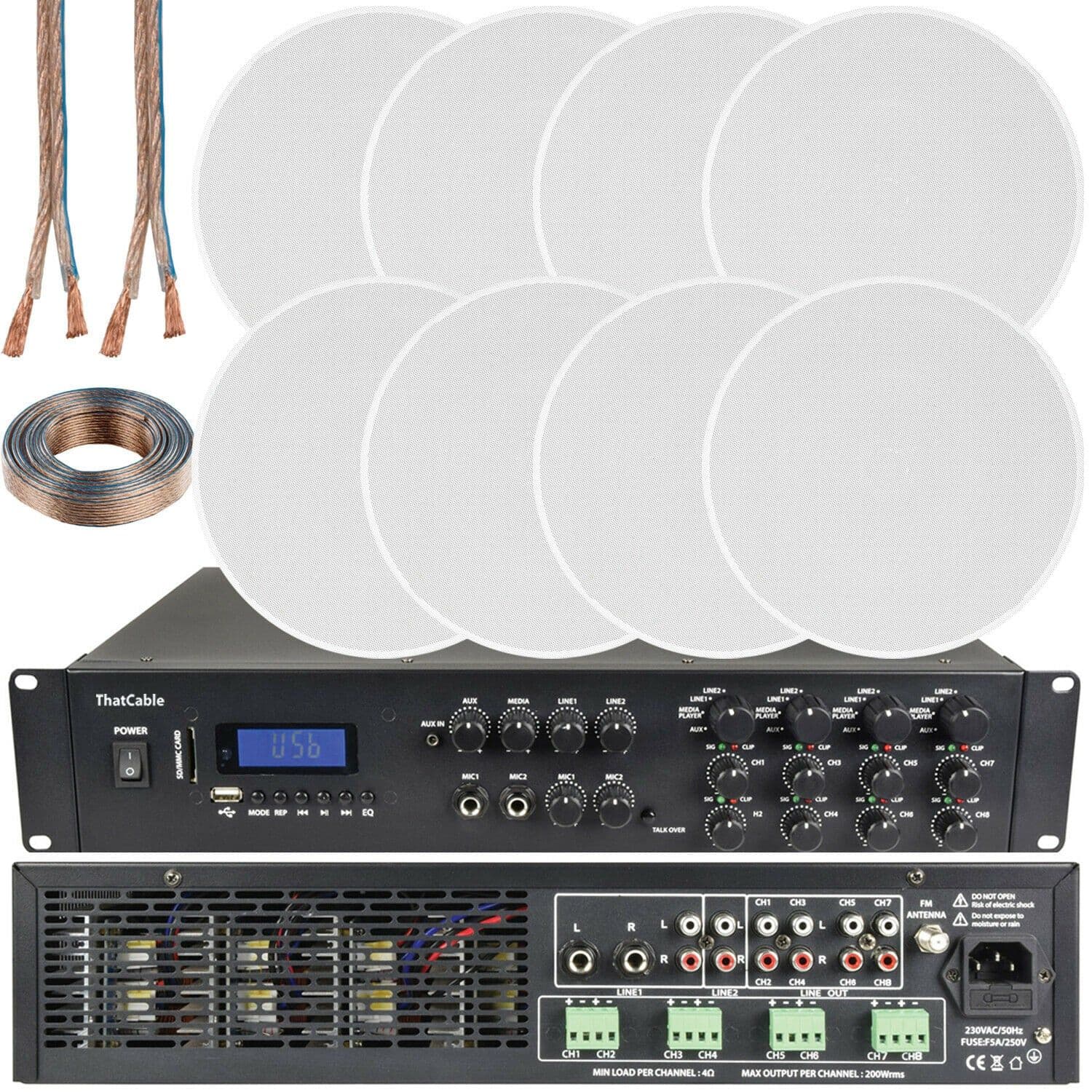 1600W Bluetooth Sound System 8x 100W Slim Ceiling Speaker 8 Zone Mixer Amplifier