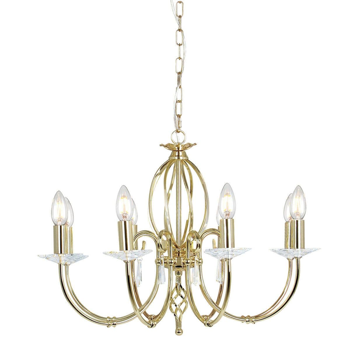 8 Bulb Chandelier Cut Glass Droplets Curved Stem Polished Brass LED E14 60W