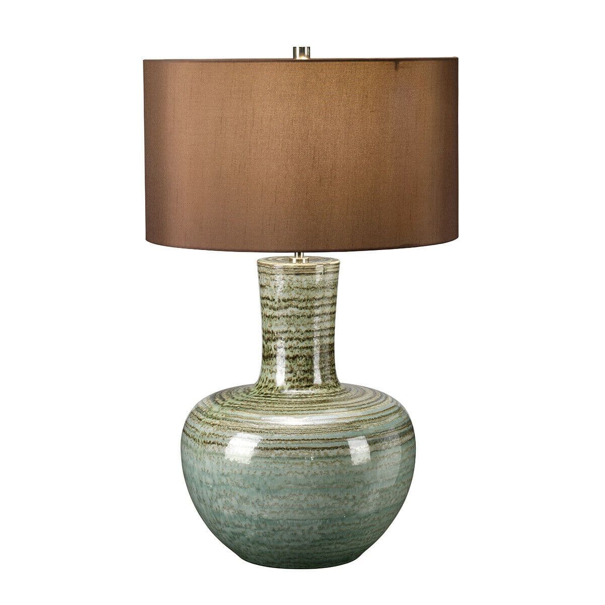 Table Lamp Brown Cylinder Shade Stripy Reactive Glaze LED E27 60W Bulb