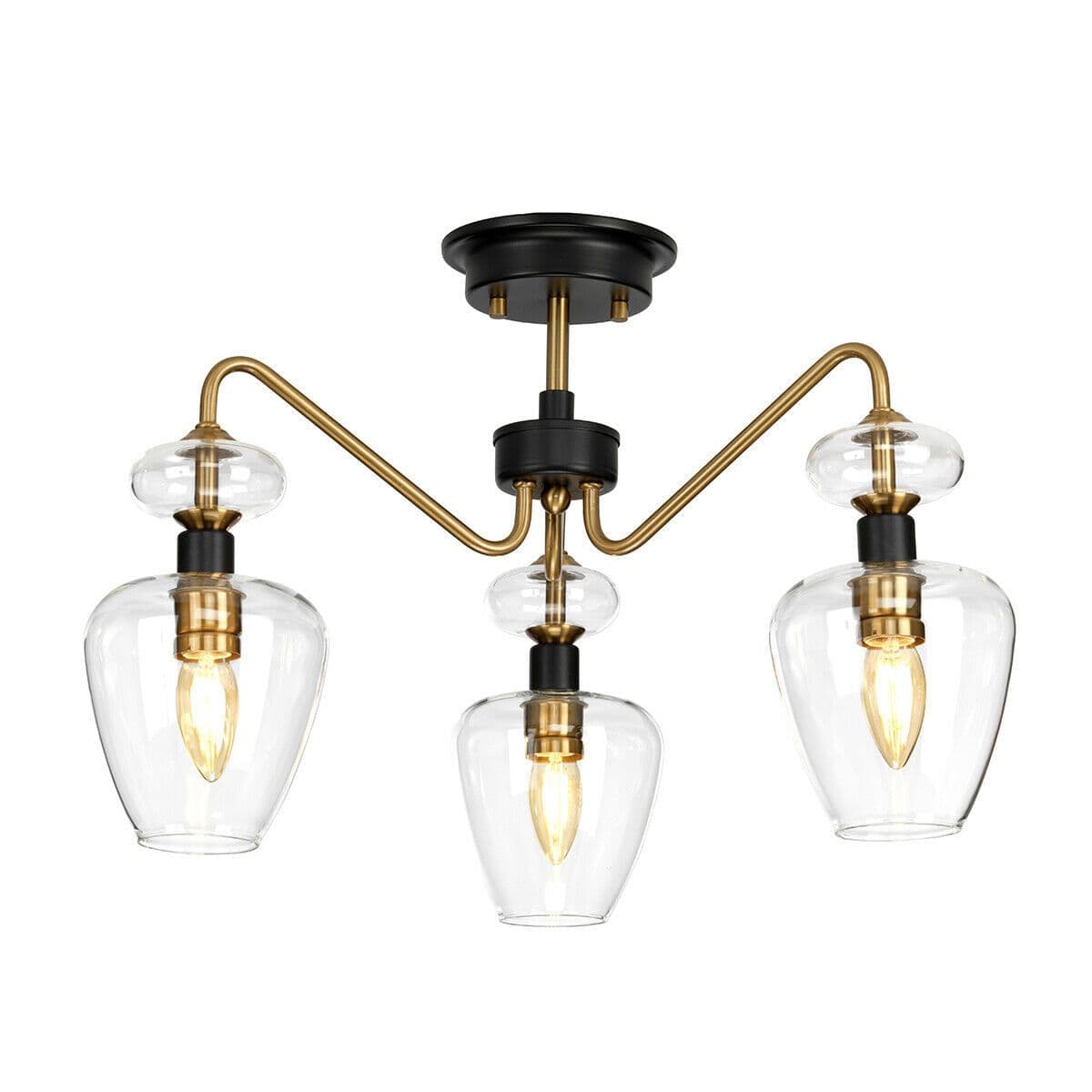 3 Bulb Semi Flush Light Aged Brass Finish Charcoal Black Paint LED E14 40W