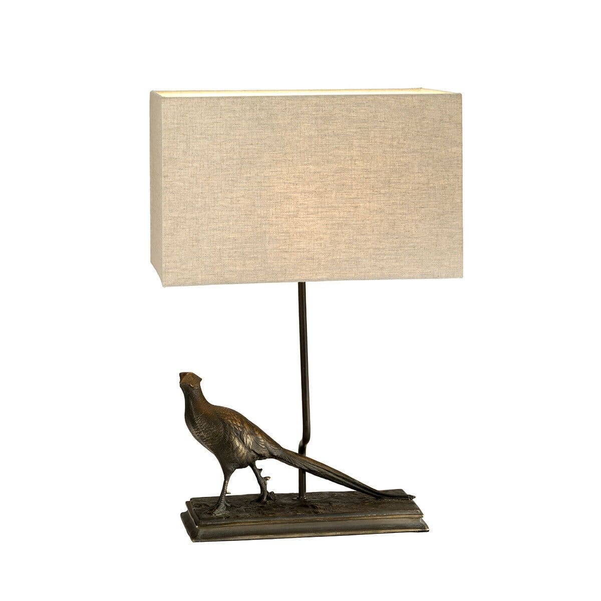 Table Lamp Pheasant Statuette Natural Hessian Shade Patina LED E27 40w