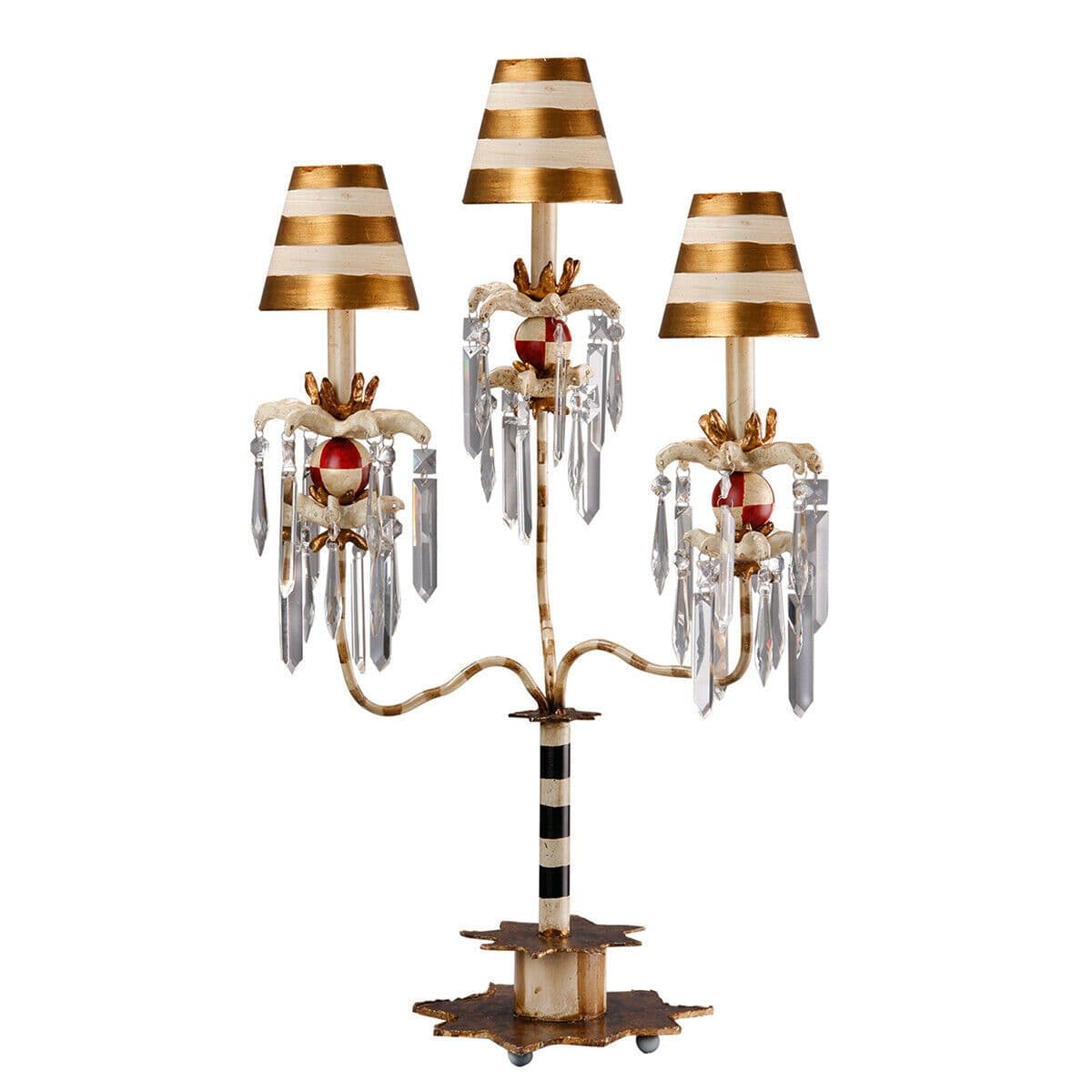 Table Lamp 3 Bulb & White Striped Cream & Gold Shades Crystal LED E27 60W