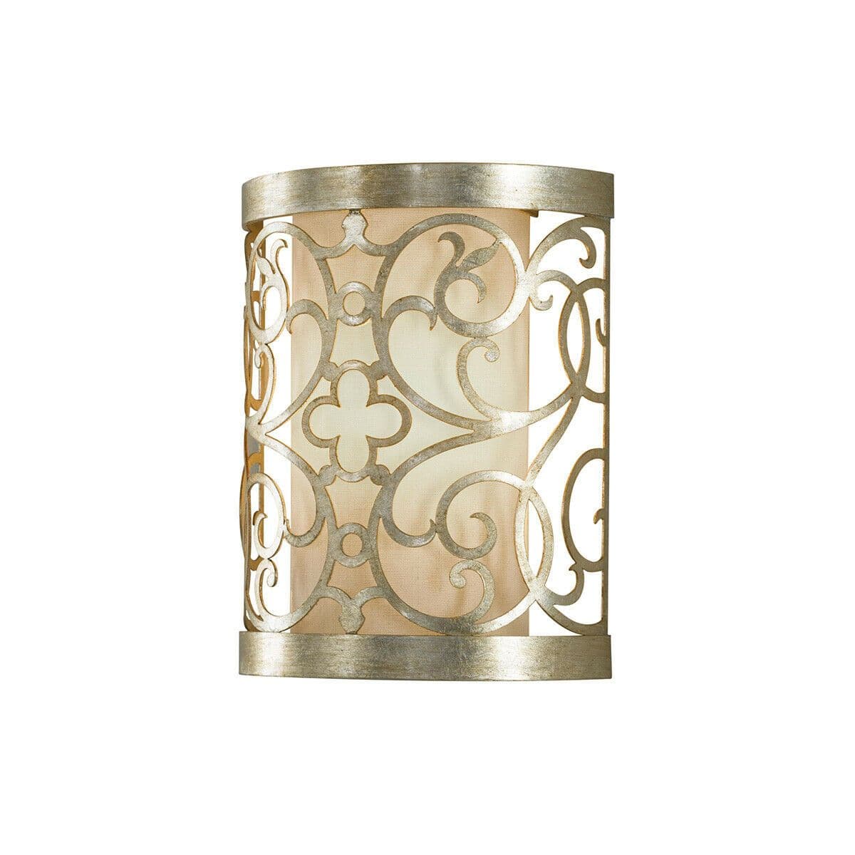 Wall Light Laser Cut Scrolls Linen Shade Silver Leaf Patina LED E14 60W