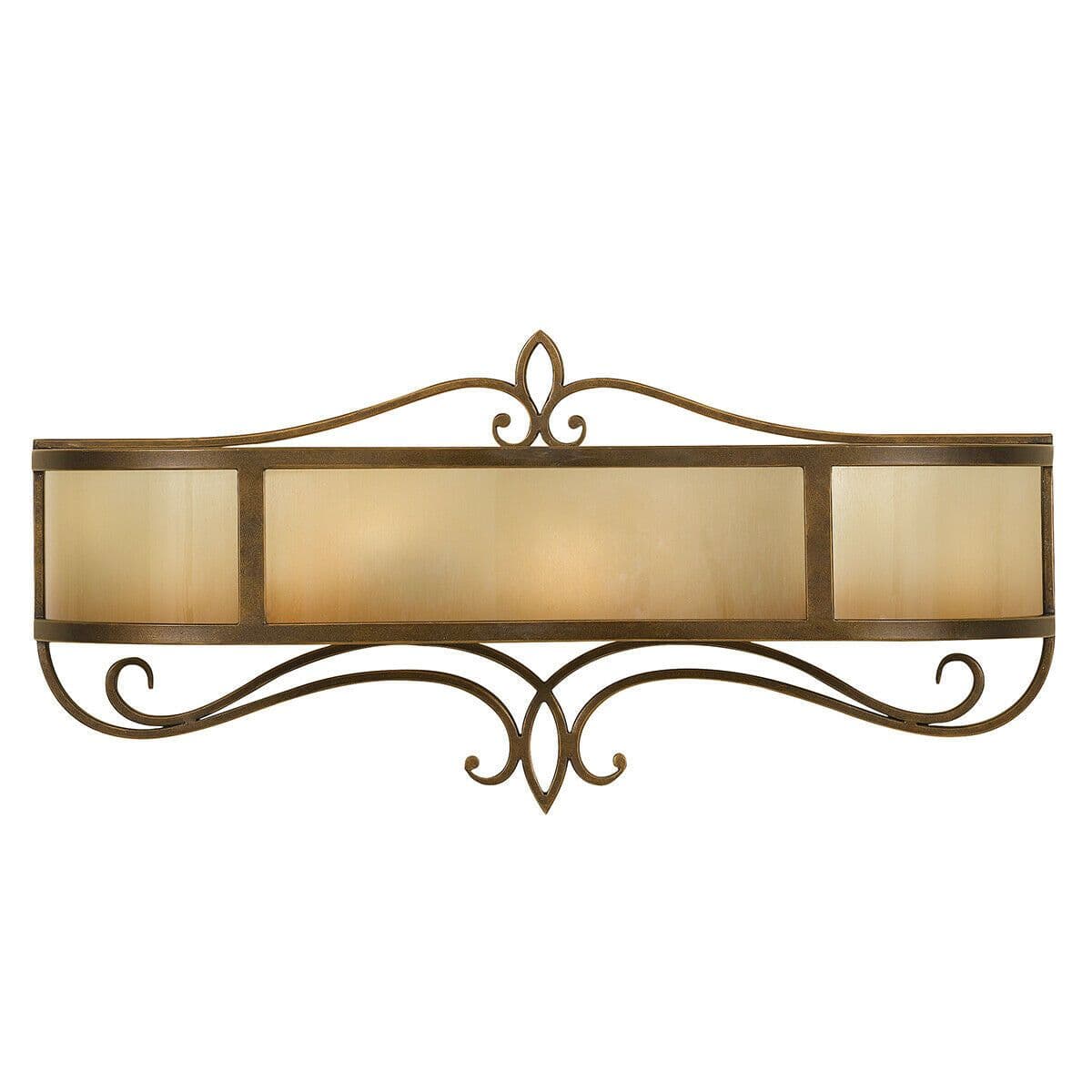 Twin Wall Light Wide Iron Scroll Detail Glass Aged Oak Astral LED E14 60W